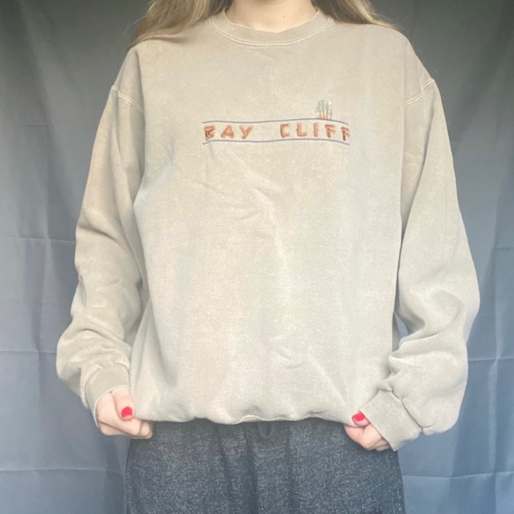 B.A.G.S Fun Wear Medium Beige Bay Cliff Embroidered Retro Crewneck Sweatshirt